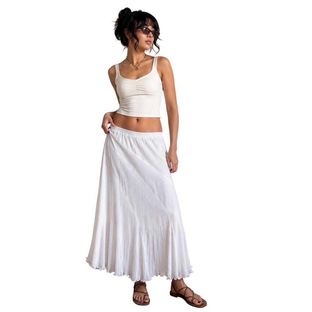 AGB White Crinkle Maxi Skirt Boho Resort Coastal Minimalist Lettuce Hem coquette